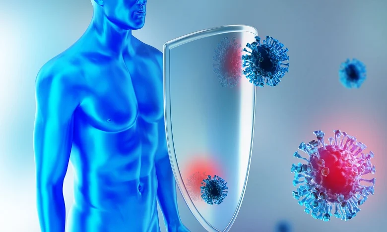 Illustration : silhouette humaine, bouclier et virus stylises